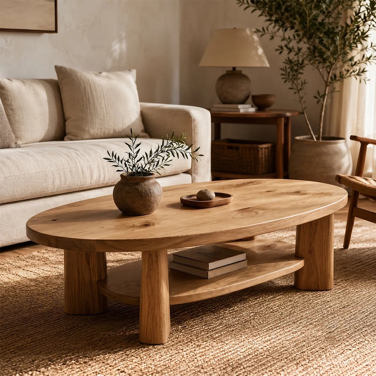 Oval Solid Wood Coffee Table with Storage Shelf | Modern Living Room Center Table TT006-2154
