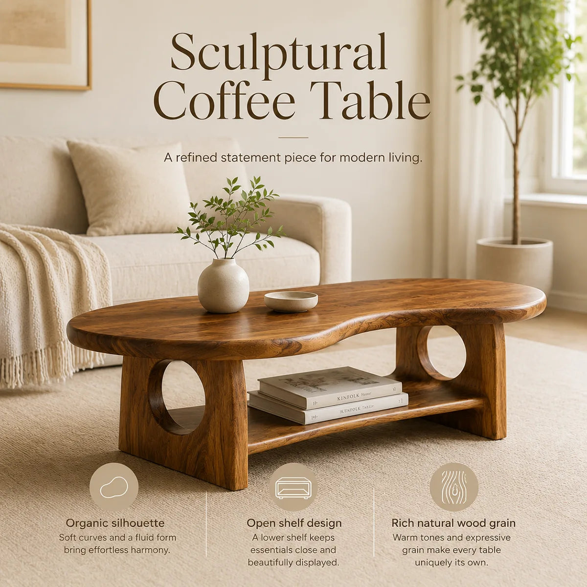 Organic Oval Solid Wood Coffee Table with Storage Shelf | Modern Living Room Center Table TT006-4511