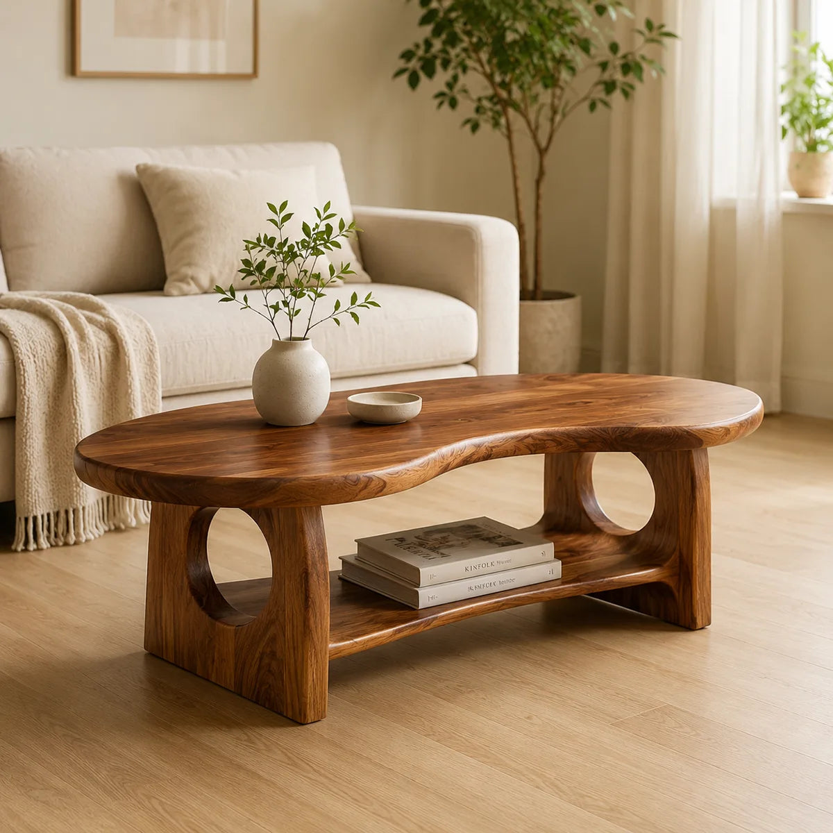Organic Oval Solid Wood Coffee Table with Storage Shelf | Modern Living Room Center Table TT006-4511