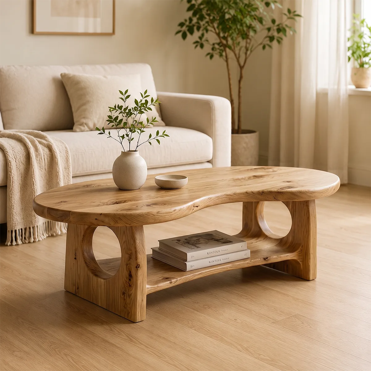 Organic Oval Solid Wood Coffee Table with Storage Shelf | Modern Living Room Center Table TT006-4511