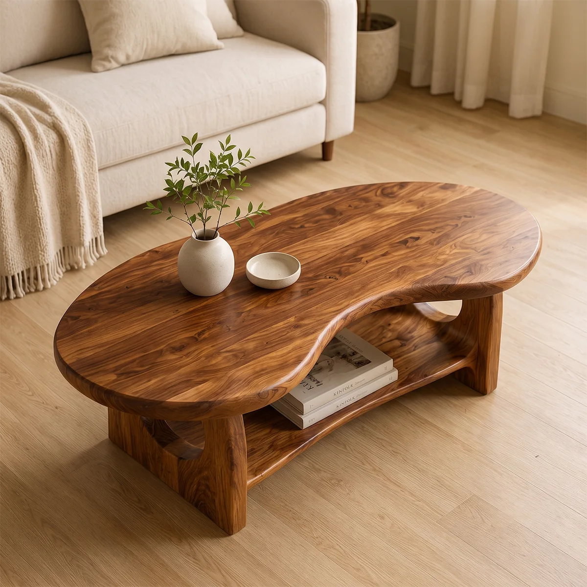Organic Oval Solid Wood Coffee Table with Storage Shelf | Modern Living Room Center Table TT006-4511