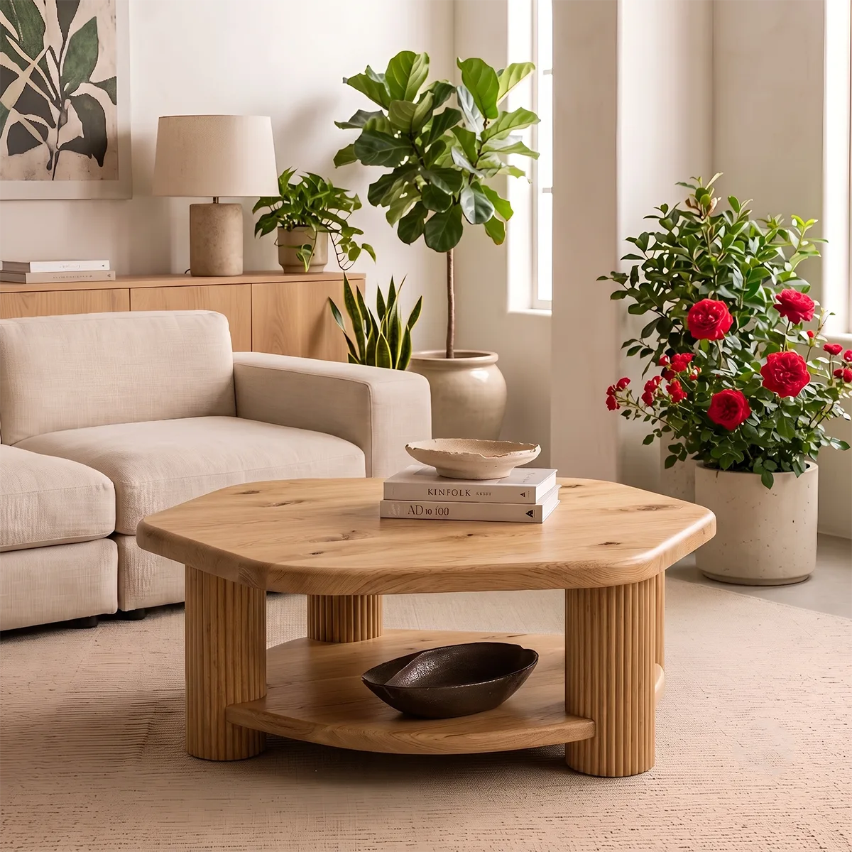 Organic Square Solid Wood Coffee Table with Storage Shelf | Modern Center Table for Living Room TT006-7481