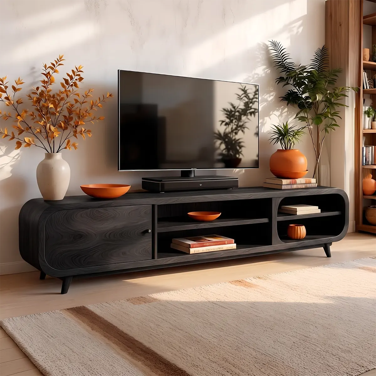 Modern TV Stand with Enclosed Storage & 4 Open Shelves | Curved Media Console