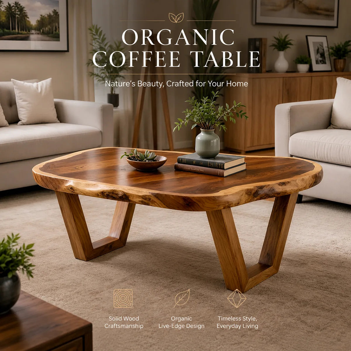 Organic Live Edge Solid Wood Coffee Table | Rustic Modern Center Table for Living Room TT006-8197
