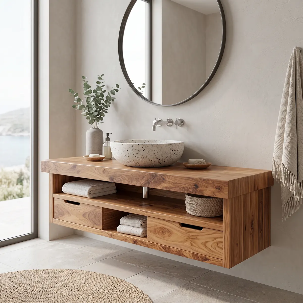 Floating Solid Wood Bathroom Vanity | Modern Bathroom Vanity with Double Drawers and Open Shelf TT006-4876