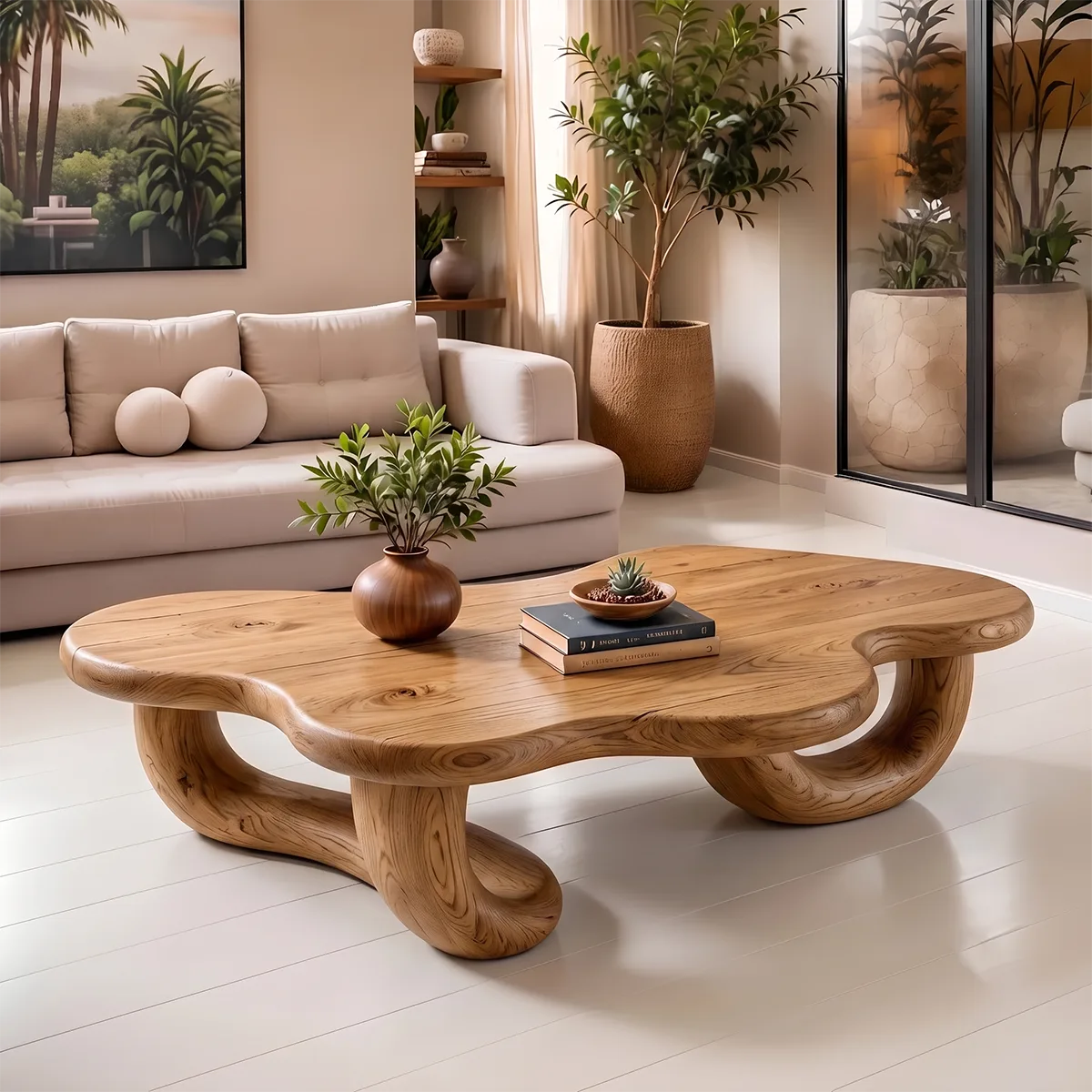Modern Organic Solid Wood Coffee Table with Sculptural Curved Base TT006-4311