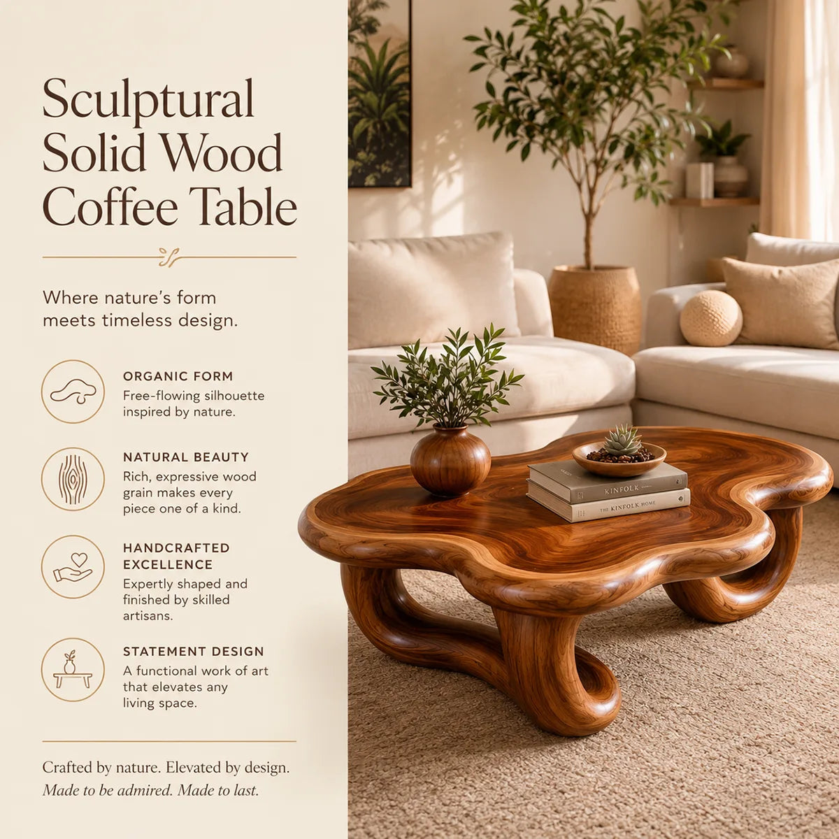 Modern Organic Solid Wood Coffee Table with Sculptural Curved Base TT006-4311