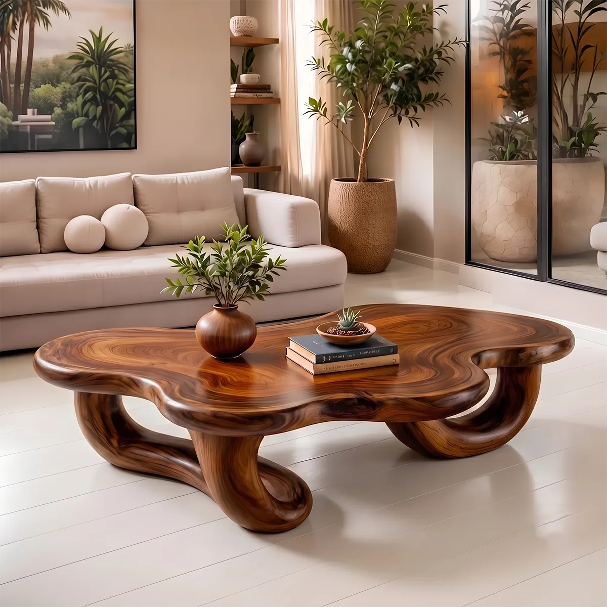 Modern Organic Solid Wood Coffee Table with Sculptural Curved Base TT006-4311