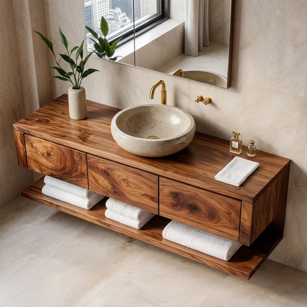 Floating Bathroom Vanity with 3 Drawers & Full-Length Open Shelf | Modern Minimalist Wall Mounted Design