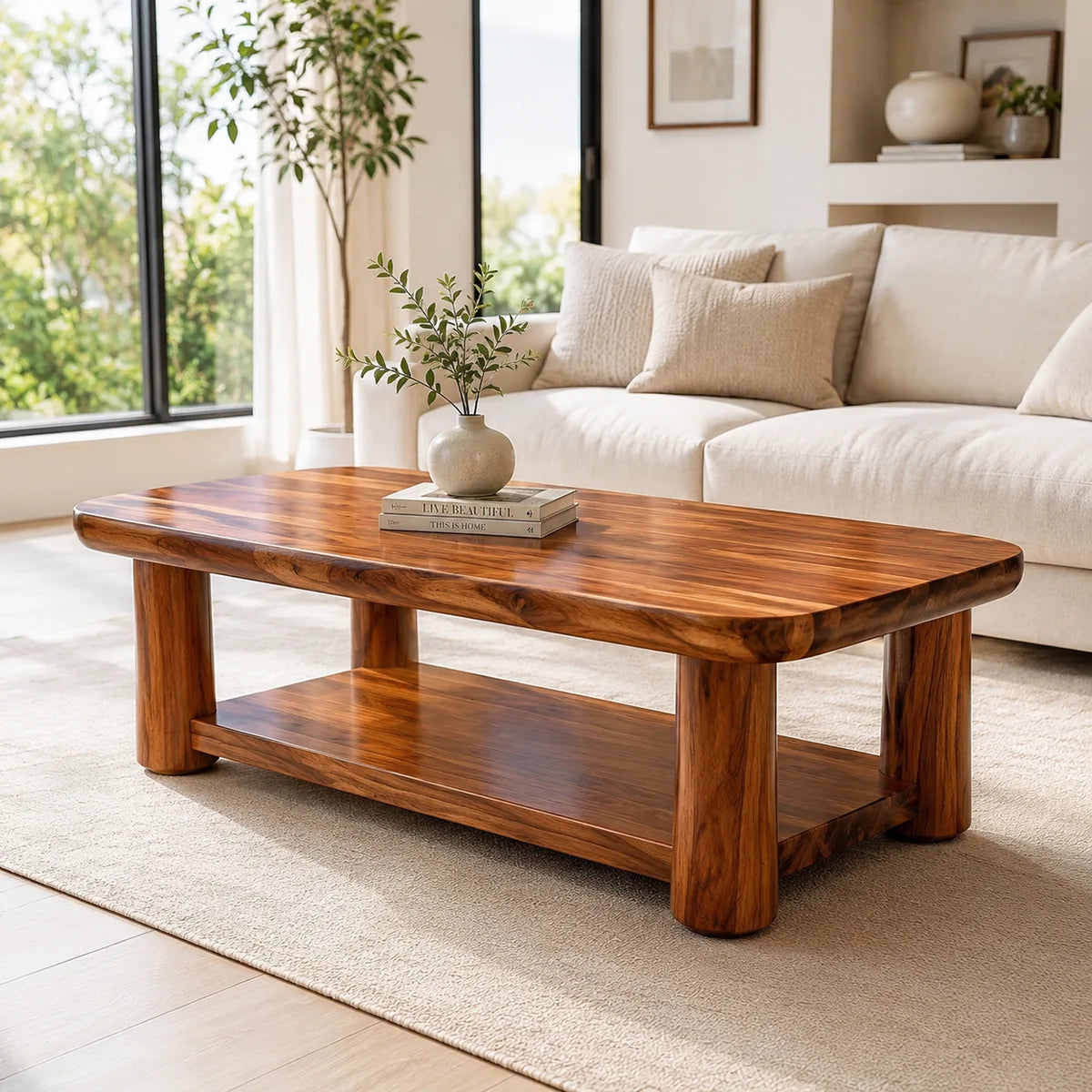 Solid Wood Coffee Table with Storage Shelf | Rustic Modern Living Room Center Table TT006-2808