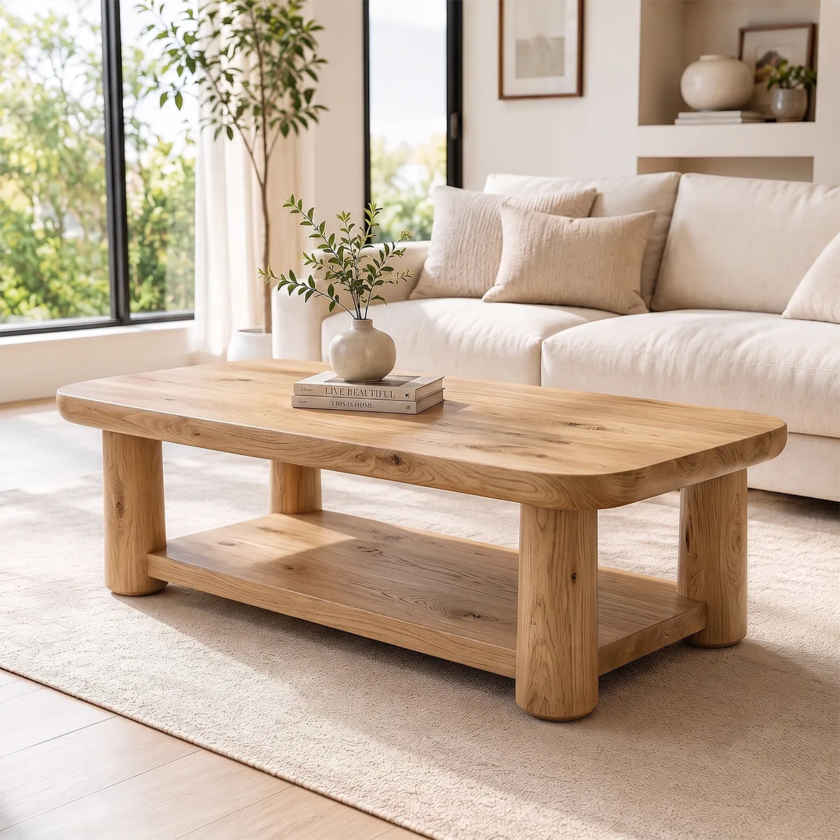 Solid Wood Coffee Table with Storage Shelf | Rustic Modern Living Room Center Table TT006-2808