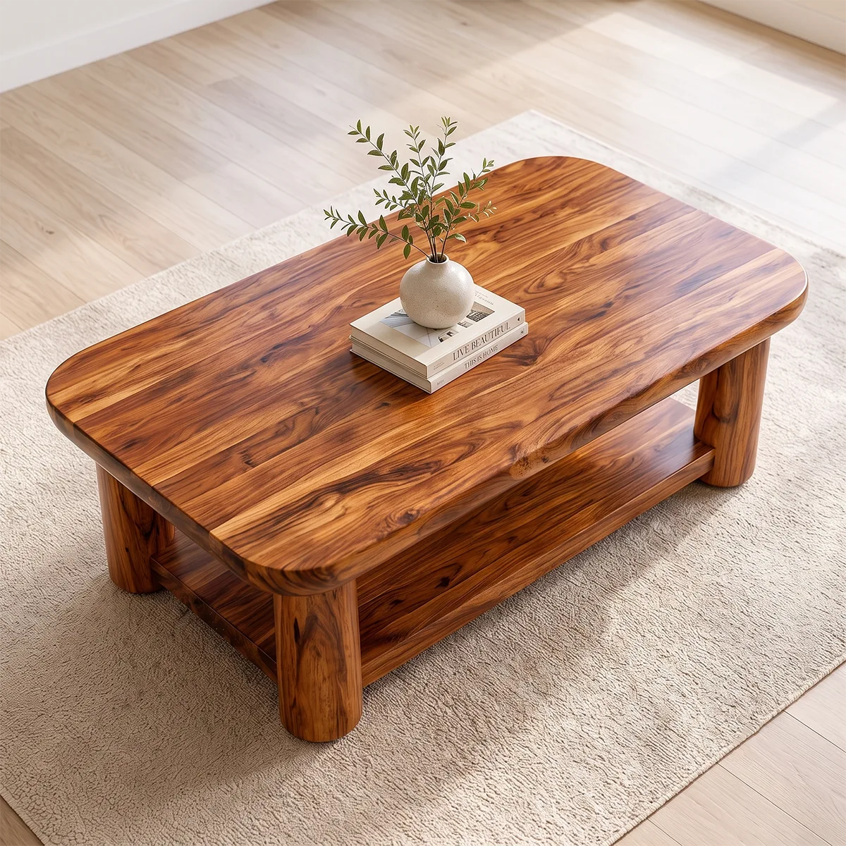 Solid Wood Coffee Table with Storage Shelf | Rustic Modern Living Room Center Table TT006-2808