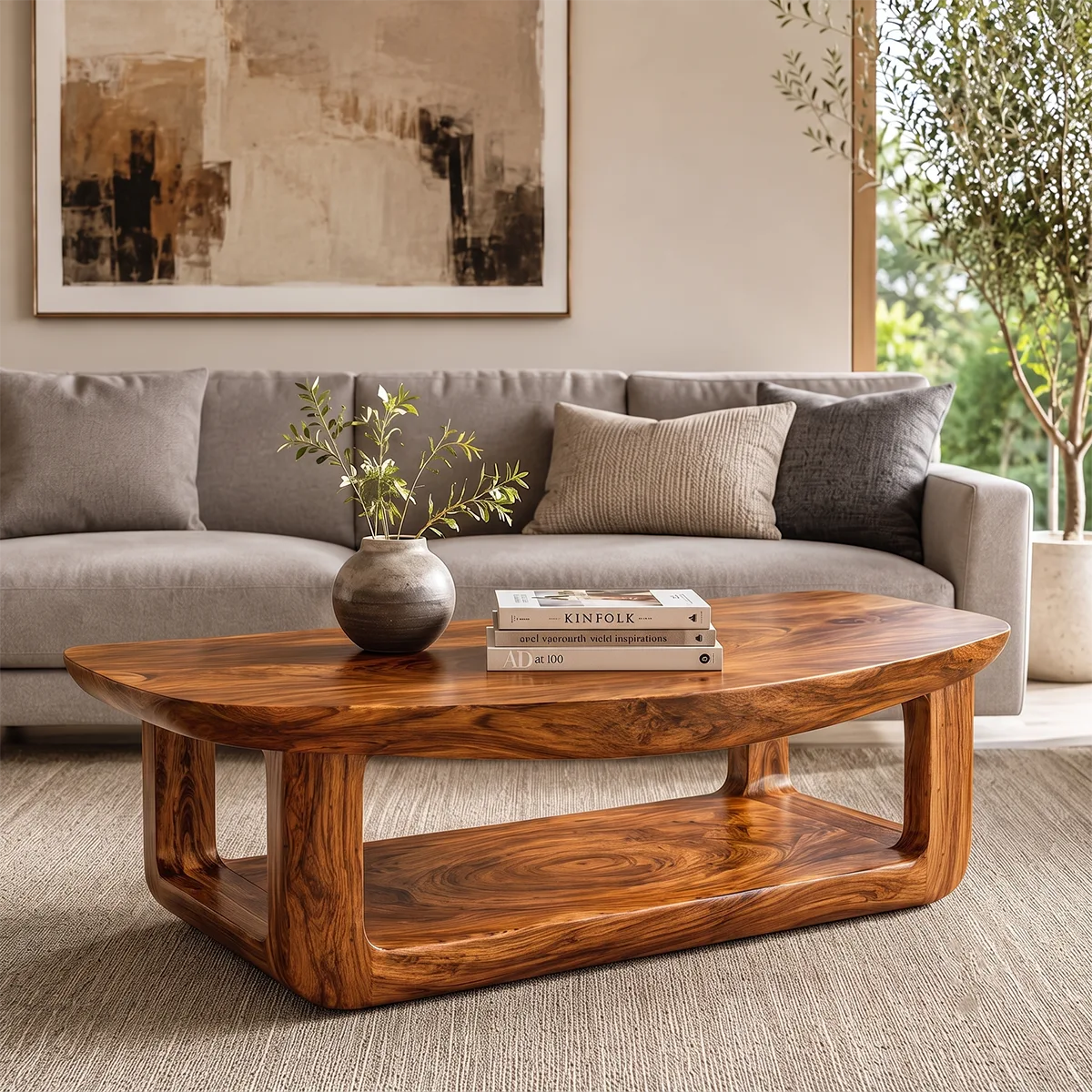 Solid Wood Coffee Table with Open Shelf | Organic Modern Living Room Center Table TT006-8208