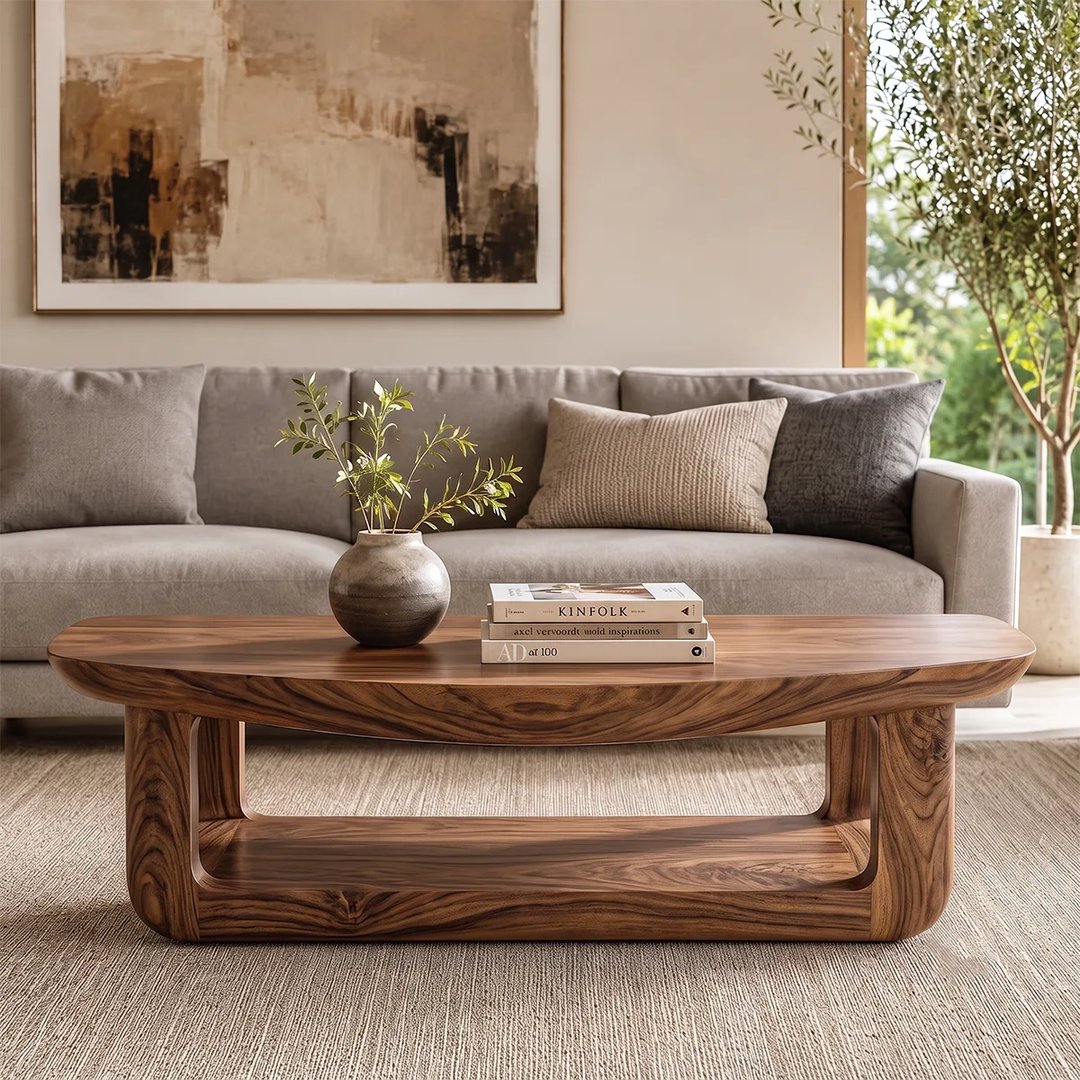 Solid Wood Coffee Table with Open Shelf | Organic Modern Living Room Center Table TT006-8208