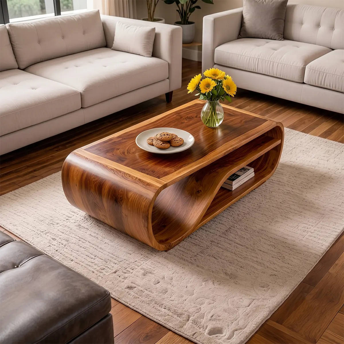 Curved Solid Wood Coffee Table with Storage | Modern Sculptural Living Room Center Table TT006-2757
