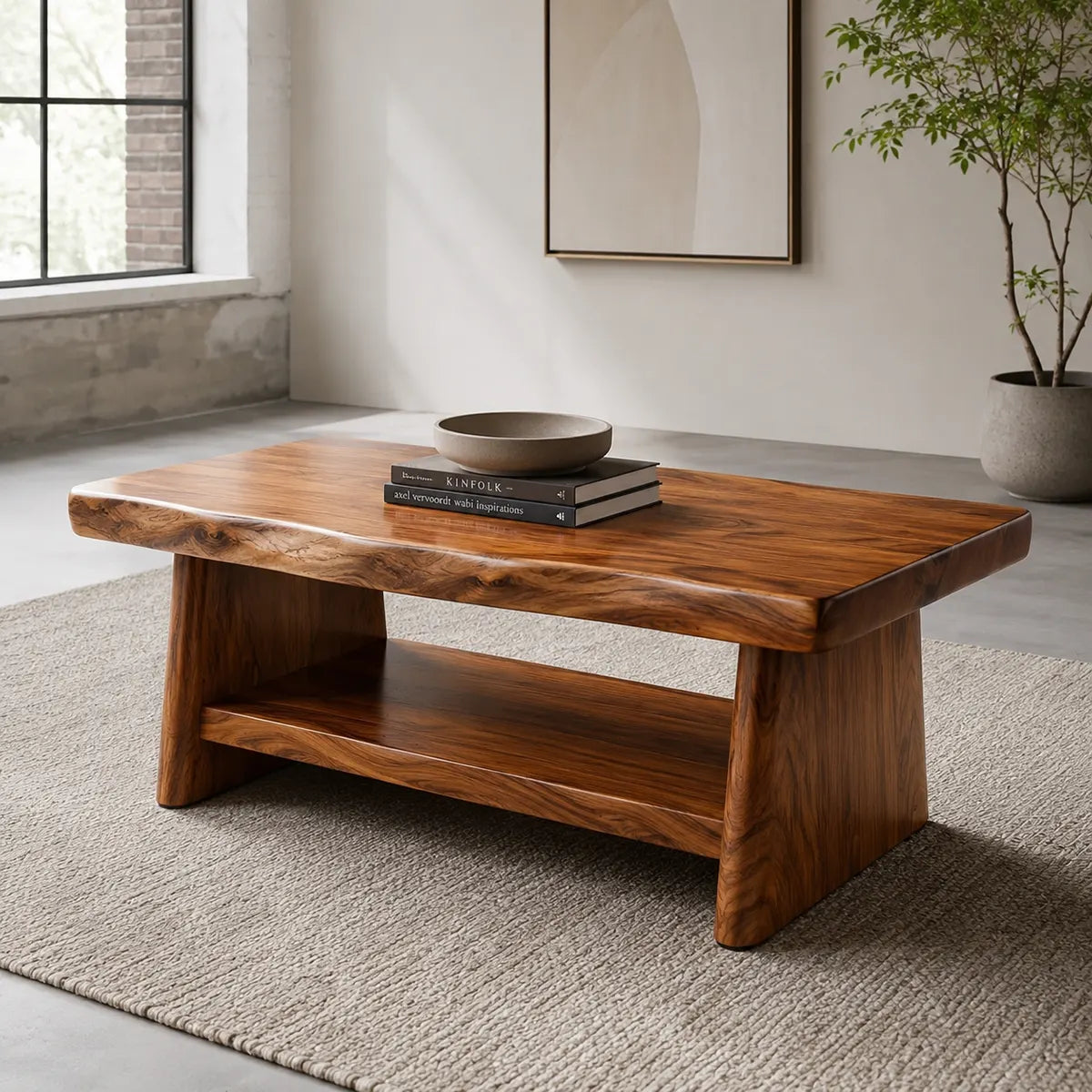 Solid Wood Coffee Table with Storage Shelf | Rustic Modern Living Room Center Table TT006-5599