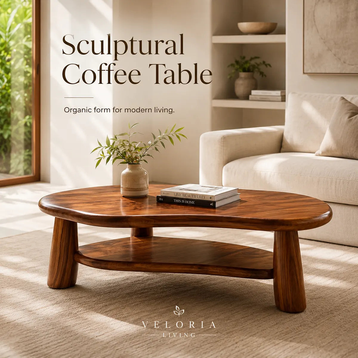 Organic Solid Wood Coffee Table with Storage Shelf | Modern Rustic Living Room Table TT006-2547
