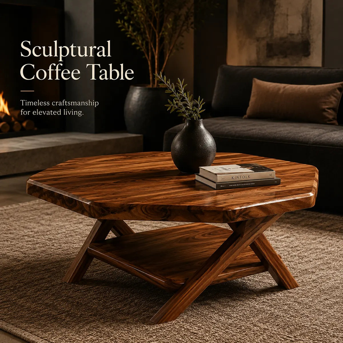Solid Wood Square Coffee Table with Storage Shelf | Rustic Modern Living Room Table TT006-7233