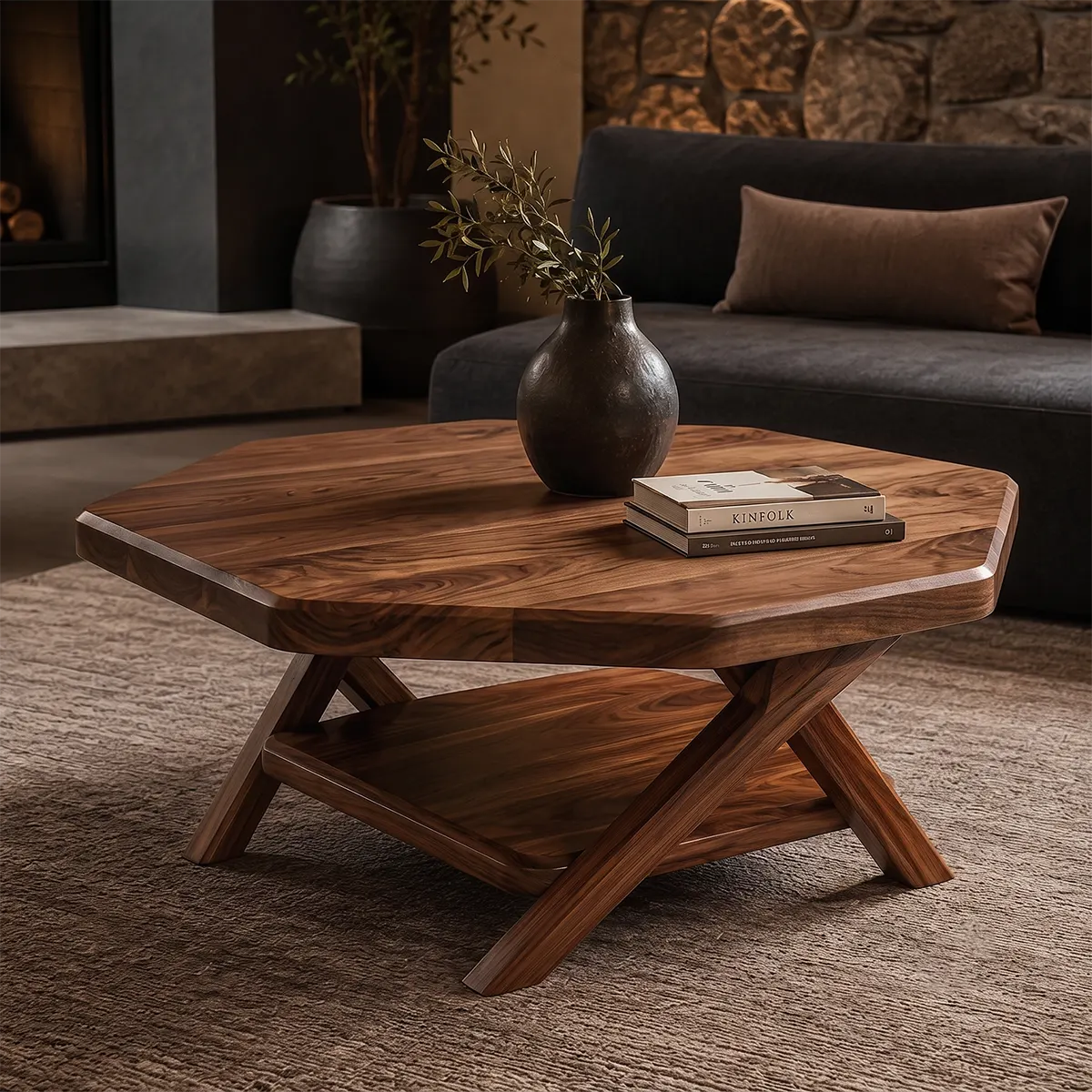 Solid Wood Square Coffee Table with Storage Shelf | Rustic Modern Living Room Table TT006-7233