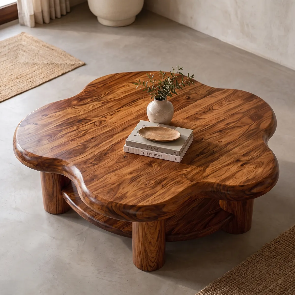 Organic Solid Wood Coffee Table with Storage Shelf | Rustic Modern Living Room Table TT006-5021