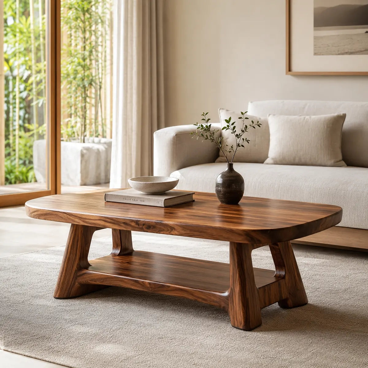 Solid Wood Coffee Table with Storage Shelf | Modern Organic Living Room Table TT006-5345