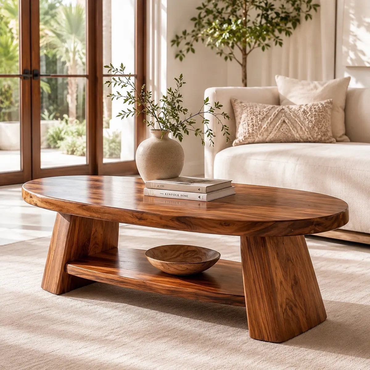 Solid Wood Oval Coffee Table with Storage Shelf | Modern Organic Living Room Table TT006-8795