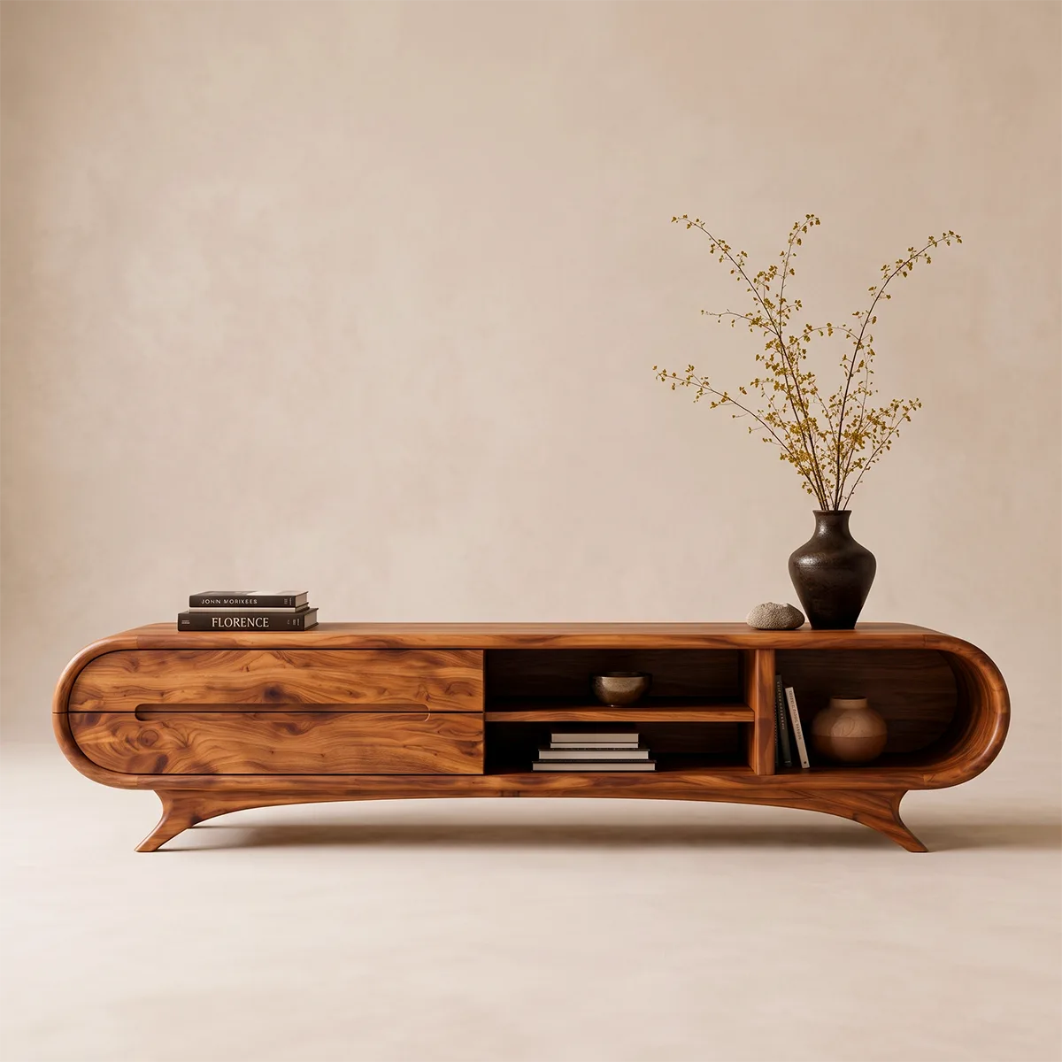 Modern Curved TV Stand with 2 Drawers & 3 Open Storage Areas | Sculptural Media Console