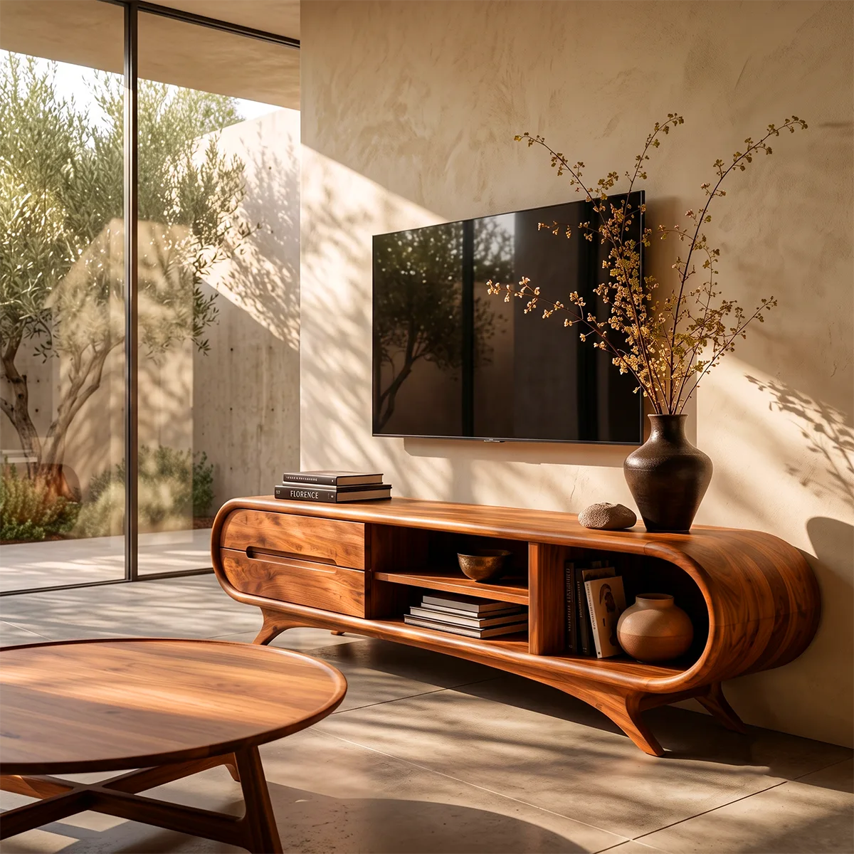 Modern Curved TV Stand with 2 Drawers & 3 Open Storage Areas | Sculptural Media Console