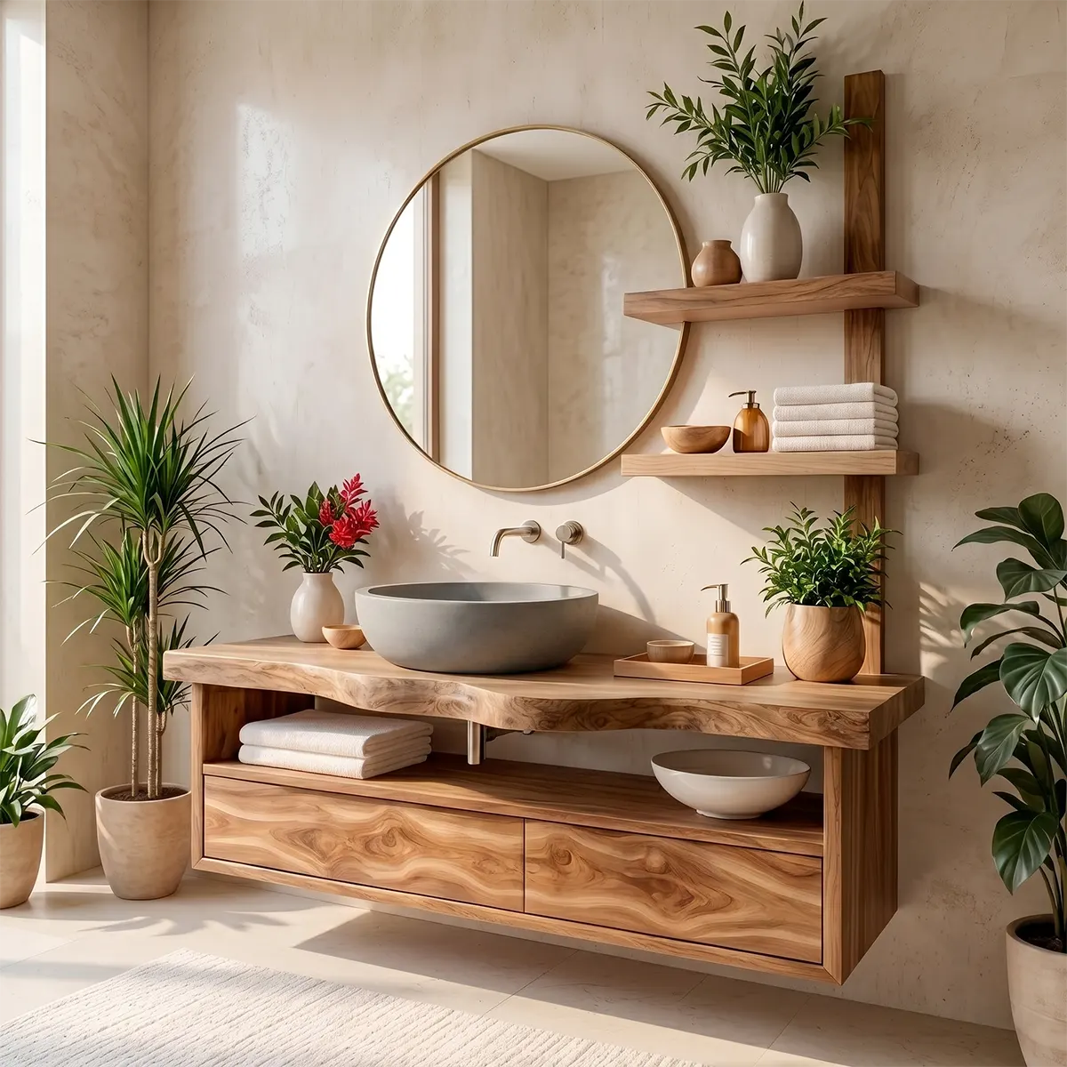 Floating Solid Wood Bathroom Vanity | Modern Bathroom Vanity with Double Drawers and Open Shelf TT006-7HIS6ML
