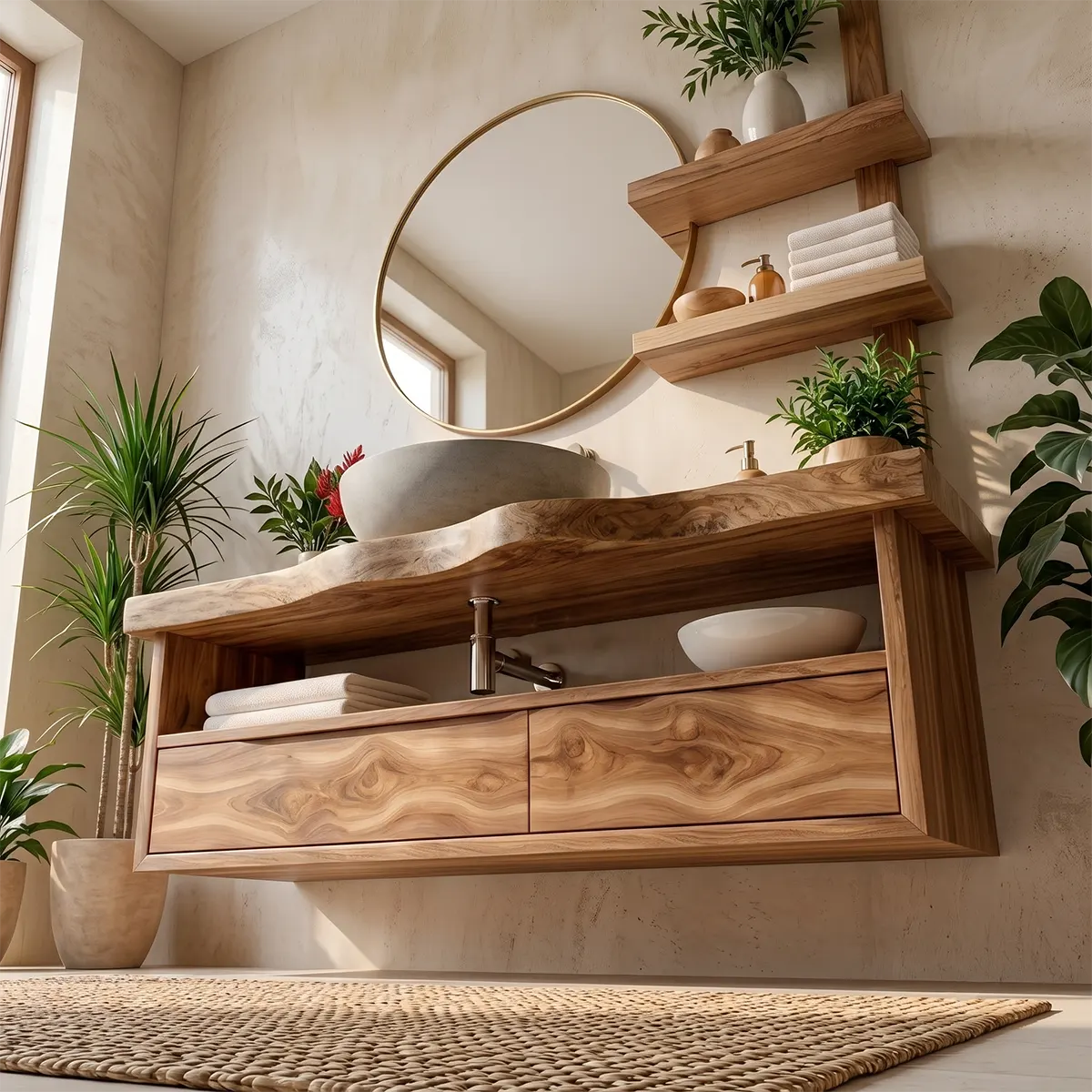 Floating Solid Wood Bathroom Vanity | Modern Bathroom Vanity with Double Drawers and Open Shelf TT006-7HIS6ML