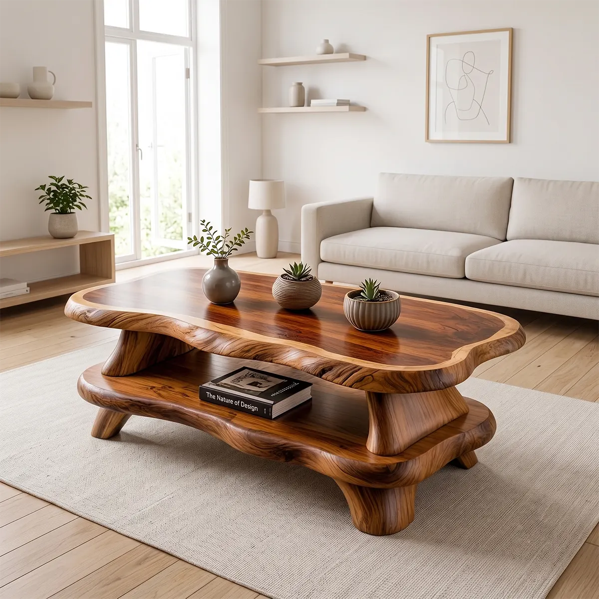Organic Solid Wood Coffee Table with Storage Shelf | Modern Live Edge Center Table TT006-8710