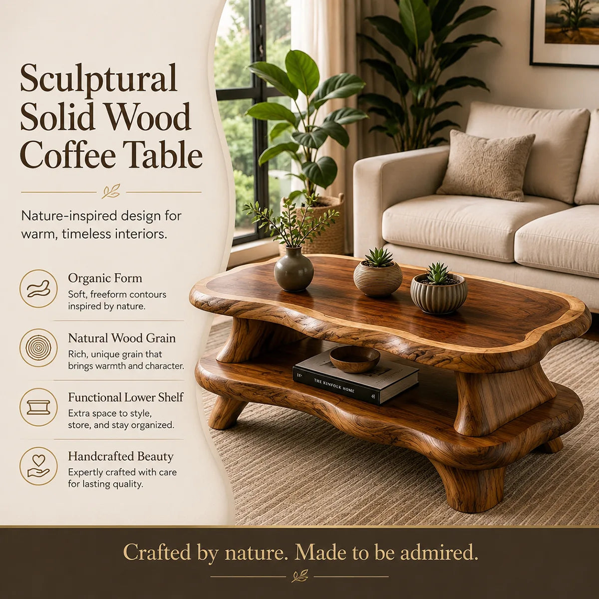 Organic Solid Wood Coffee Table with Storage Shelf | Modern Live Edge Center Table TT006-8710