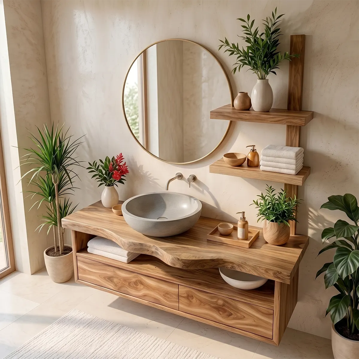 Floating Solid Wood Bathroom Vanity | Modern Bathroom Vanity with Double Drawers and Open Shelf TT006-7HIS6ML