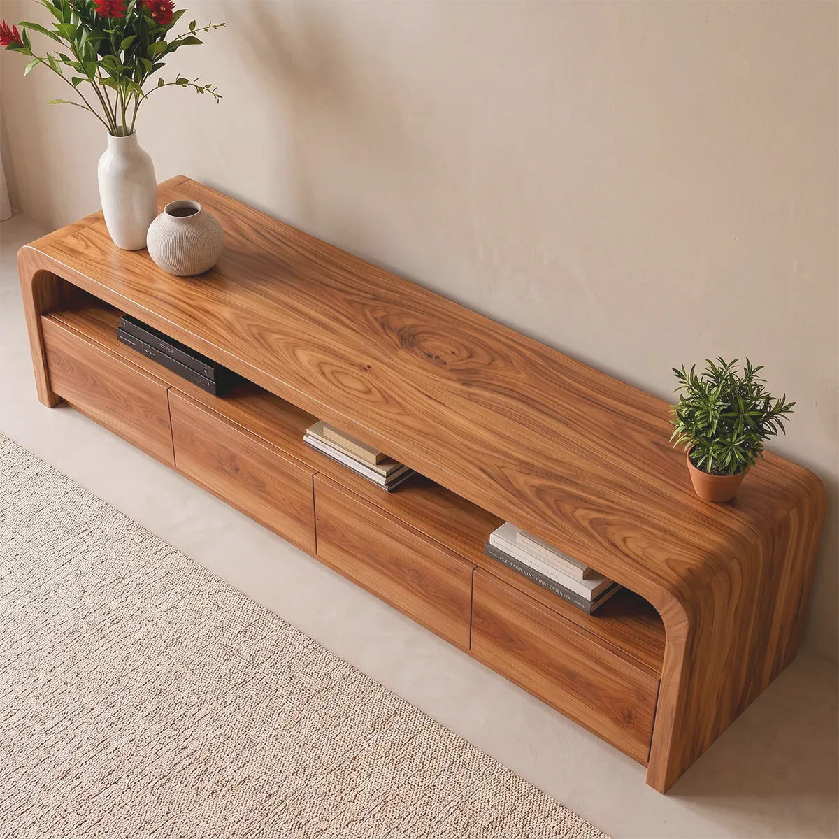 Modern TV Stand with 4 Enclosed Storage Compartments & Long Open Shelf