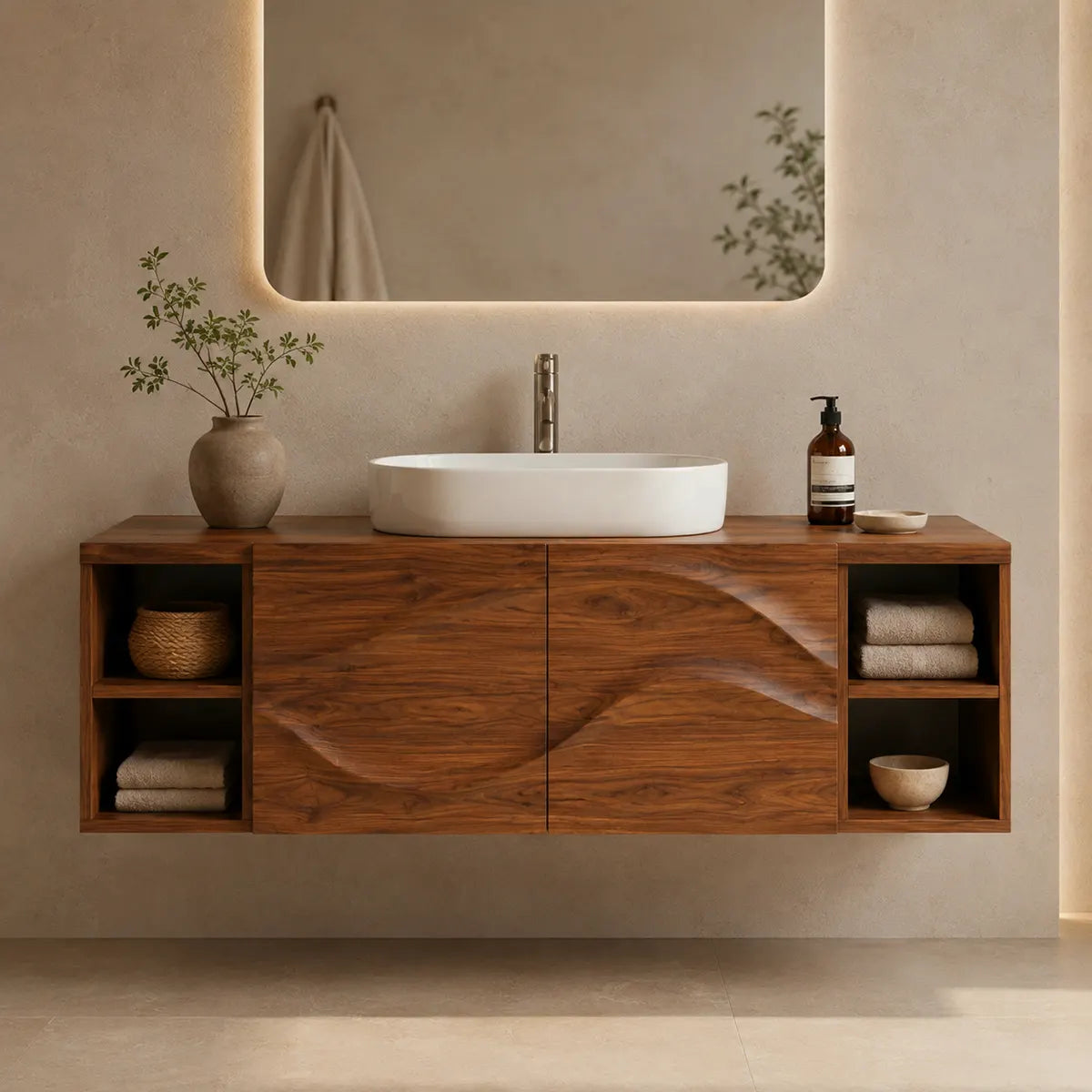 Floating Bathroom Vanity with 2 Carved Wave Doors & 4 Open Storage Compartments