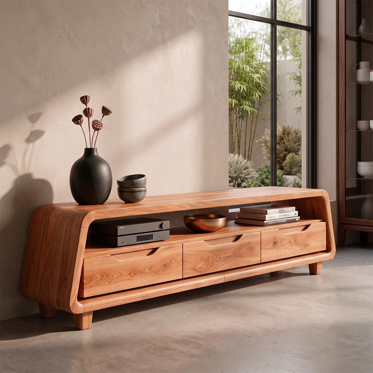 Modern Curved TV Stand with 3 Drawers & Long Open Media Shelf