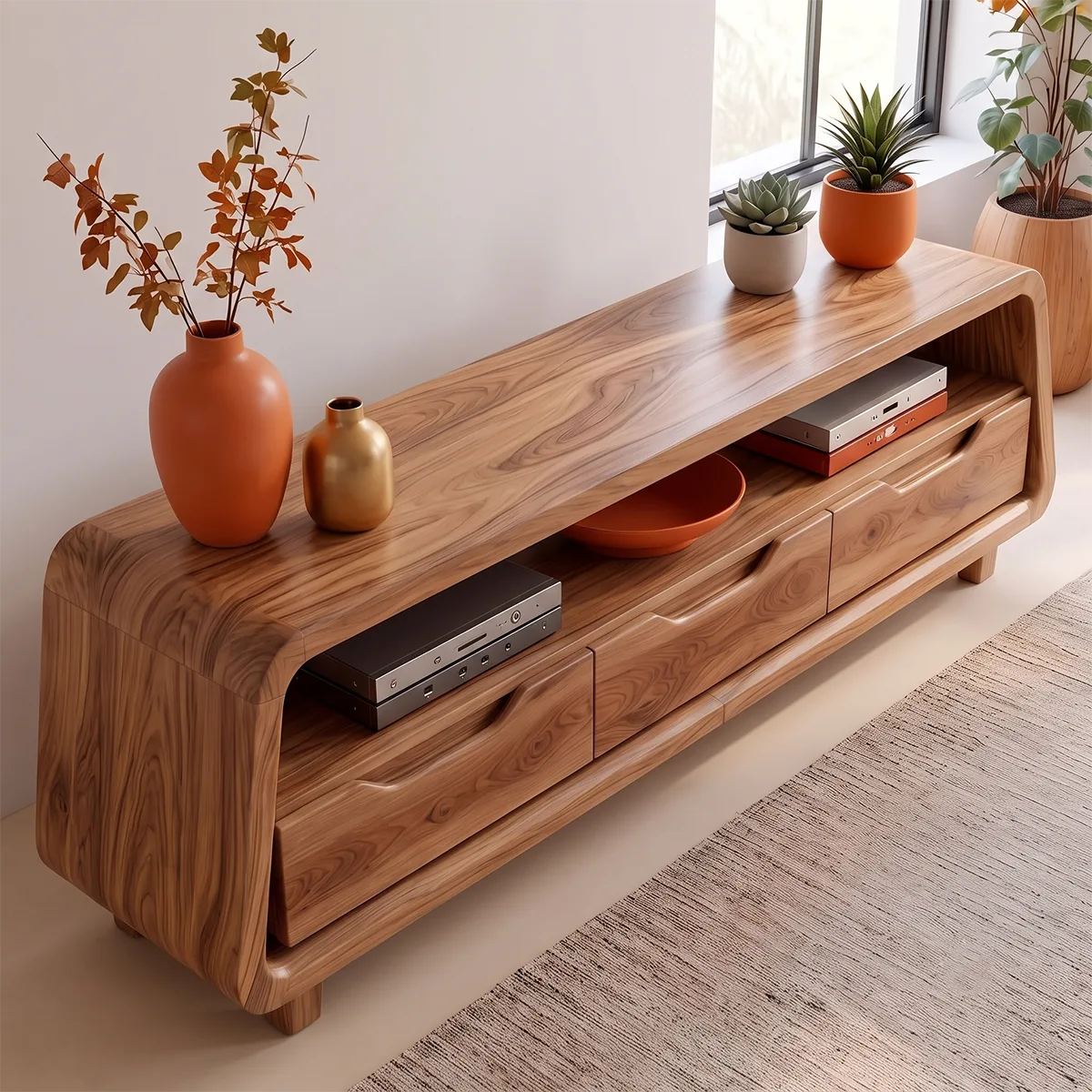Modern Curved TV Stand with 3 Drawers & Long Open Media Shelf