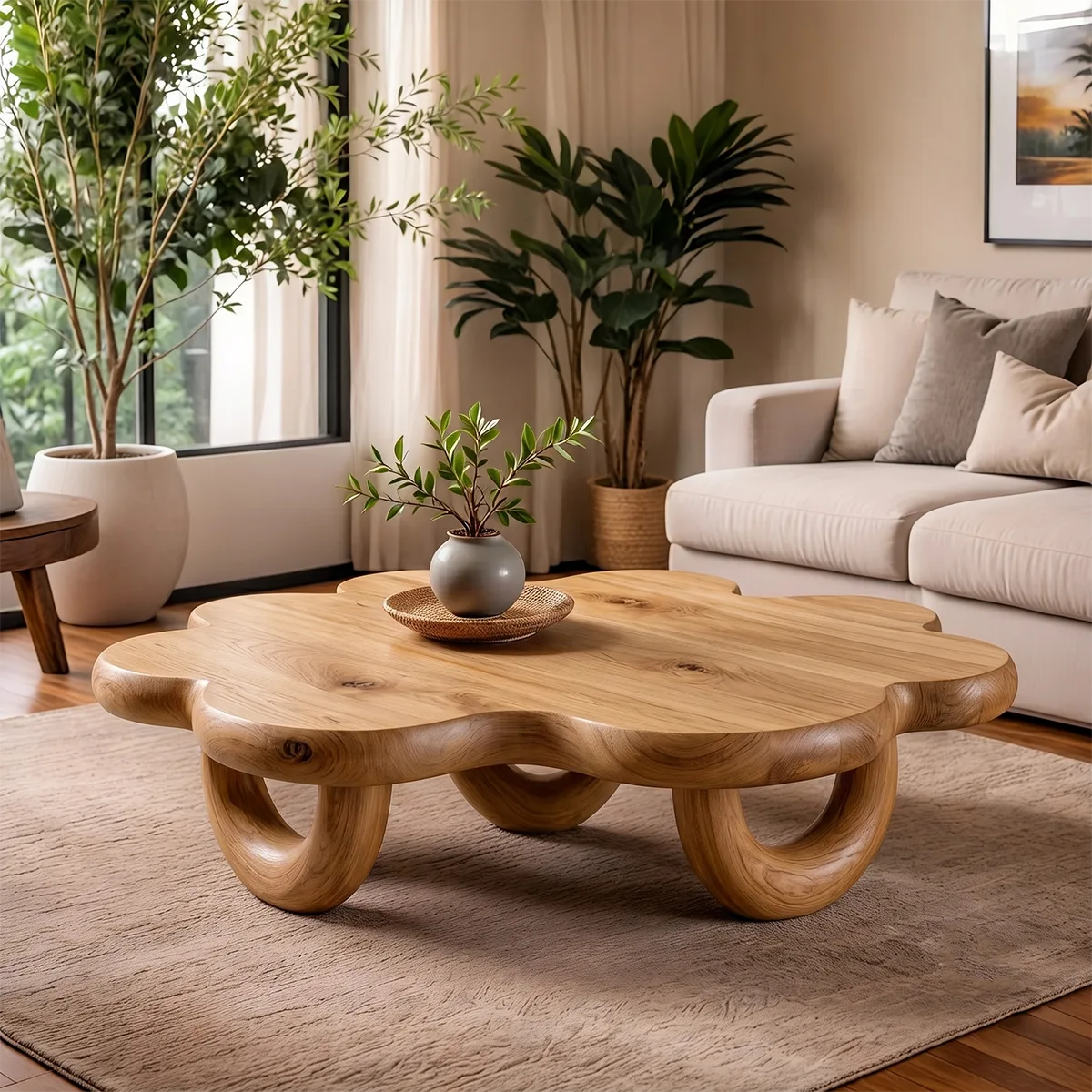 Organic Solid Wood Coffee Table | Sculptural Flower-Shaped Modern Center Table TT006-3040