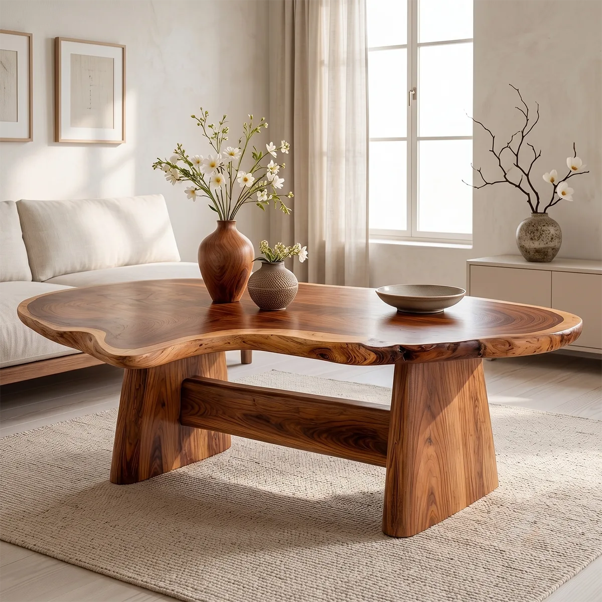 Organic Solid Wood Coffee Table | Live Edge Modern Center Table with Sculptural Base TT006-5632