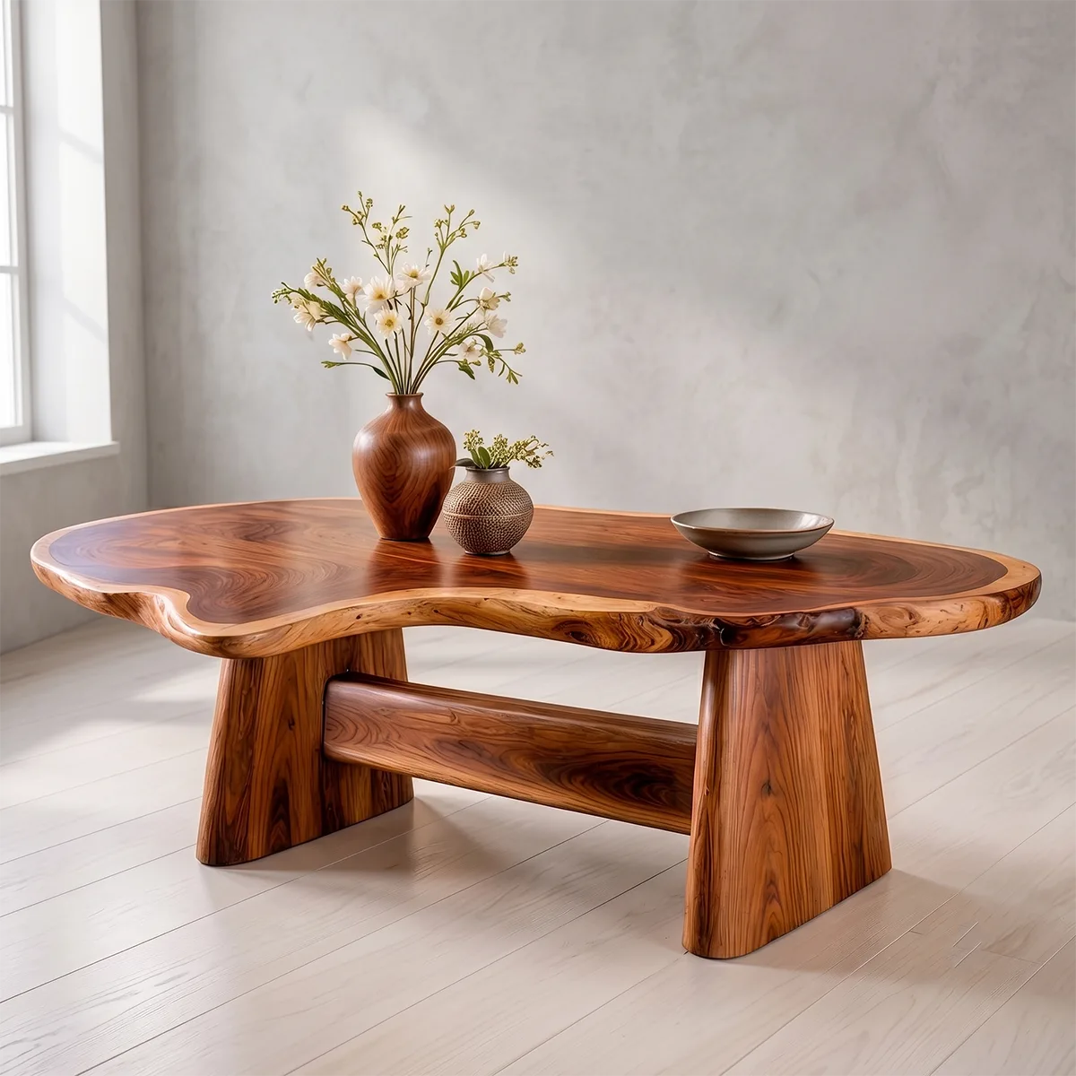Organic Solid Wood Coffee Table | Live Edge Modern Center Table with Sculptural Base TT006-5632