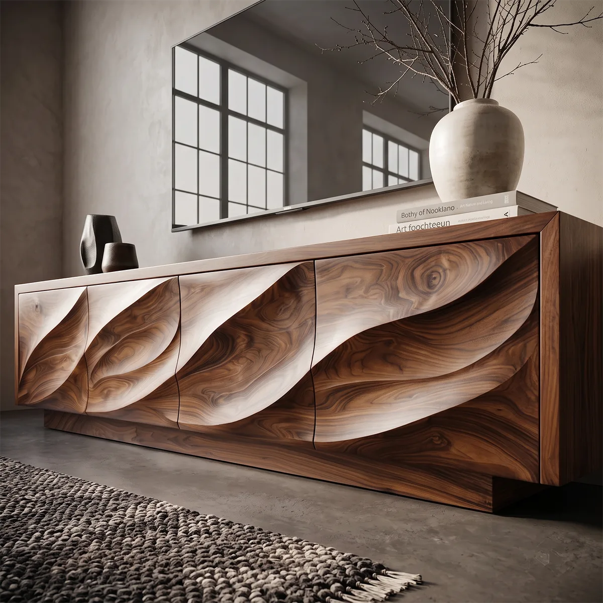 Modern Organic TV Stand with Sculpted Cabinets | Media Console TT006-9MXD1HU