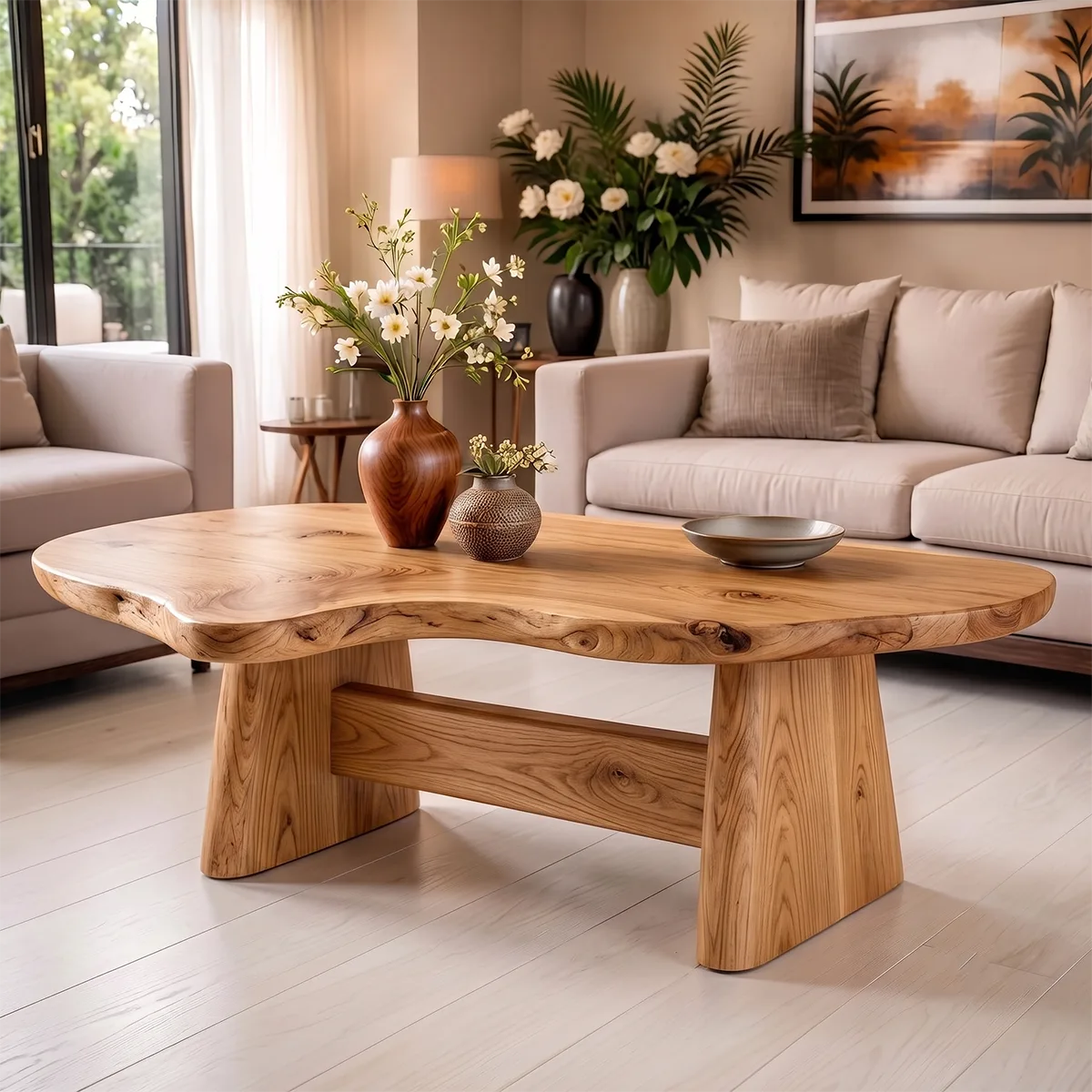 Organic Solid Wood Coffee Table | Live Edge Modern Center Table with Sculptural Base TT006-5632