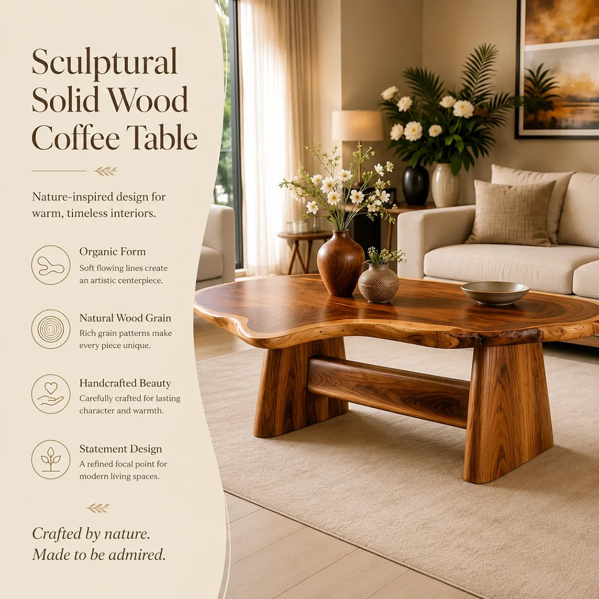 Organic Solid Wood Coffee Table | Live Edge Modern Center Table with Sculptural Base TT006-5632