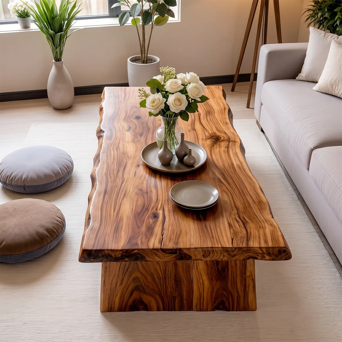 Solid Wood Live Edge Coffee Table | Rustic Modern Coffee Table with Storage Shelf TT006-9440