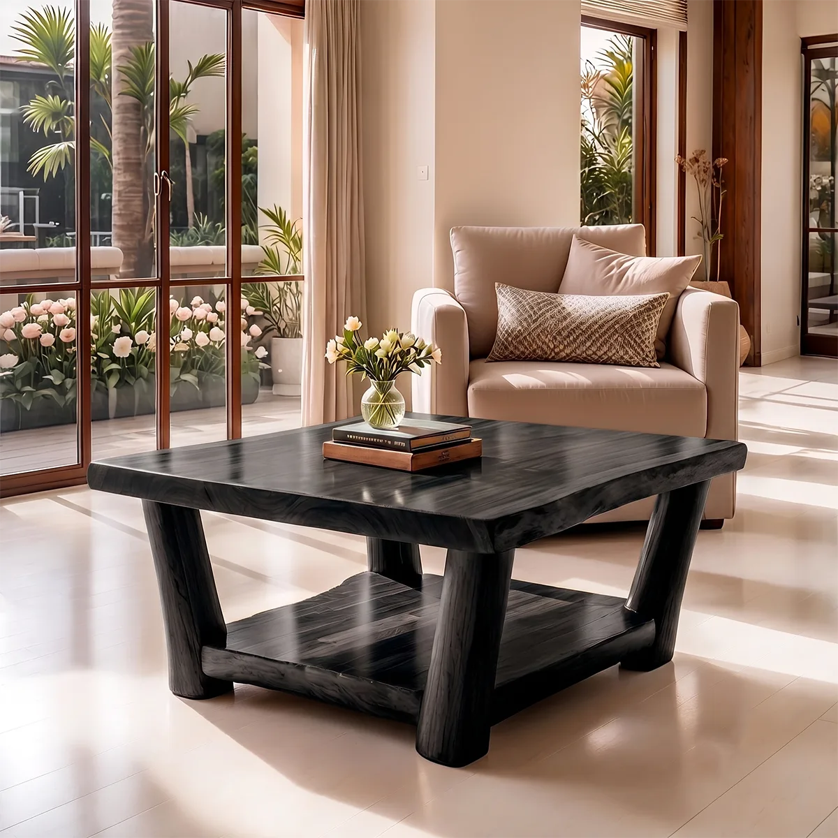 Solid Wood Square Coffee Table | Modern Rustic Coffee Table with Storage Shelf TT006-4921