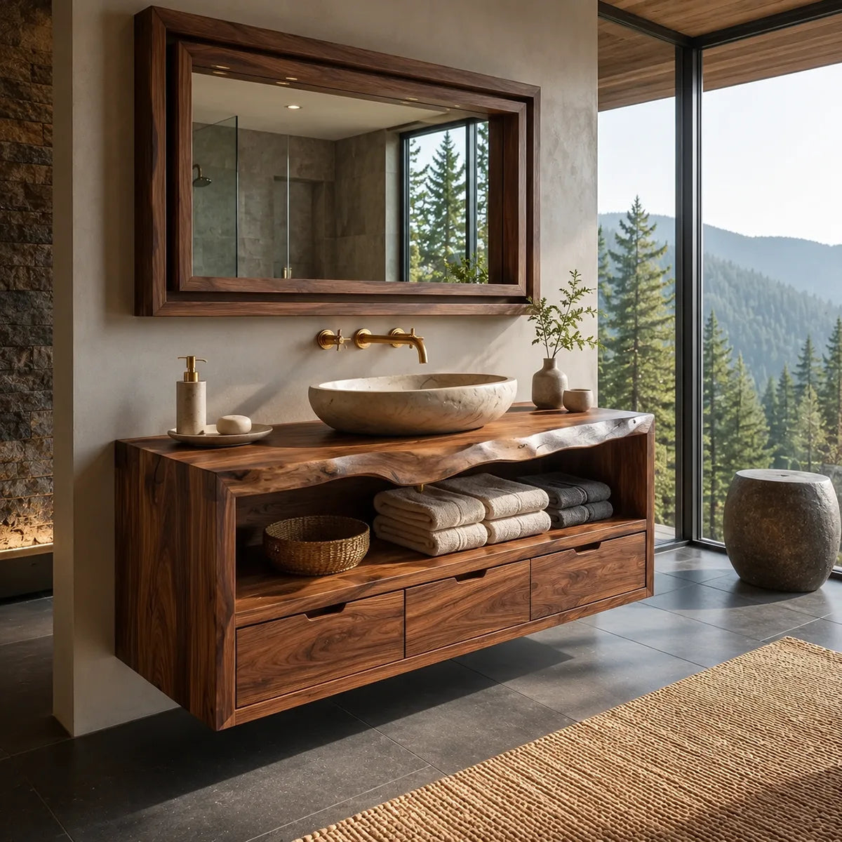 Floating Solid Wood Bathroom Vanity | Live Edge Bathroom Vanity with Three Soft-Close Drawers and Open Shelf TT006-3KMK1JL