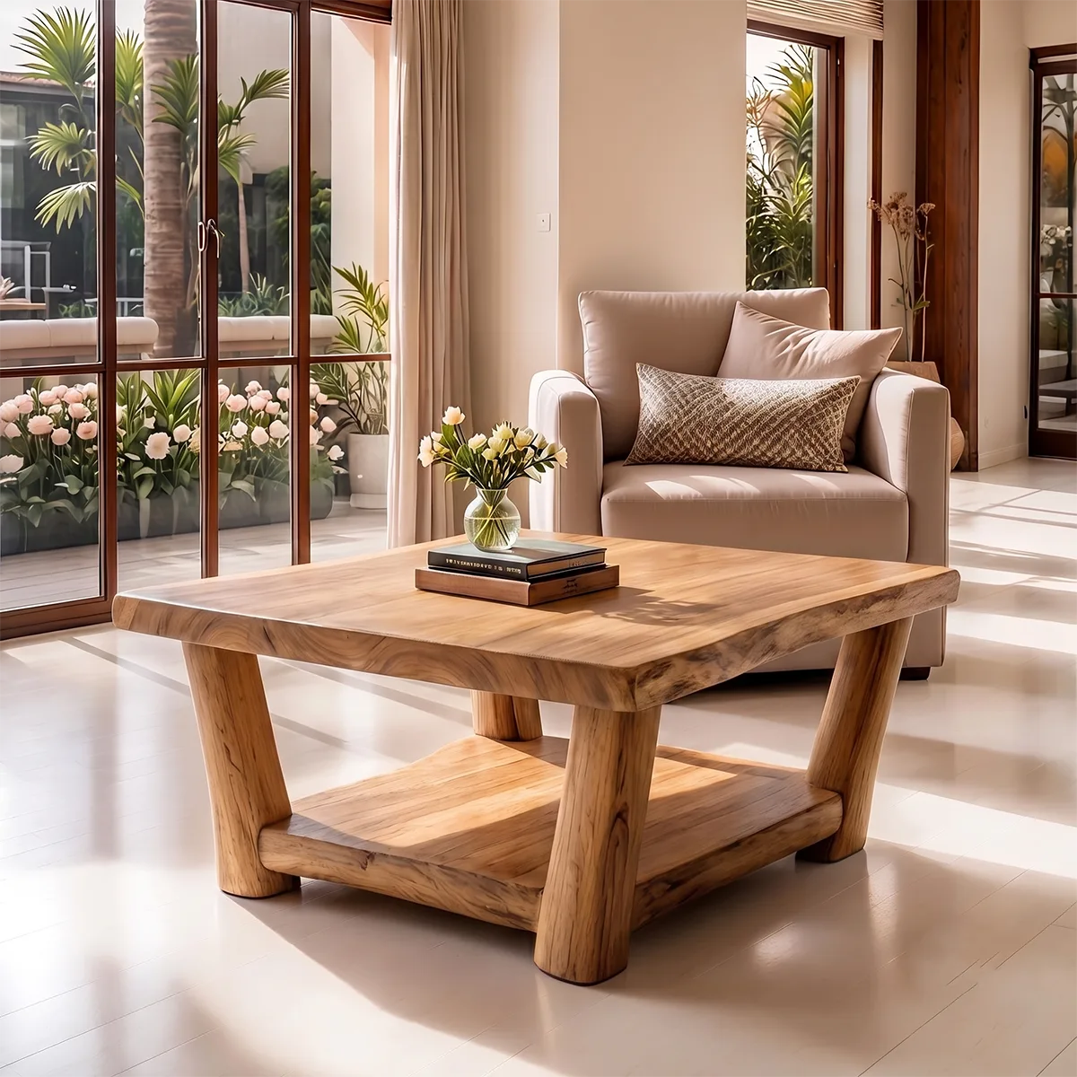 Solid Wood Square Coffee Table | Modern Rustic Coffee Table with Storage Shelf TT006-4921