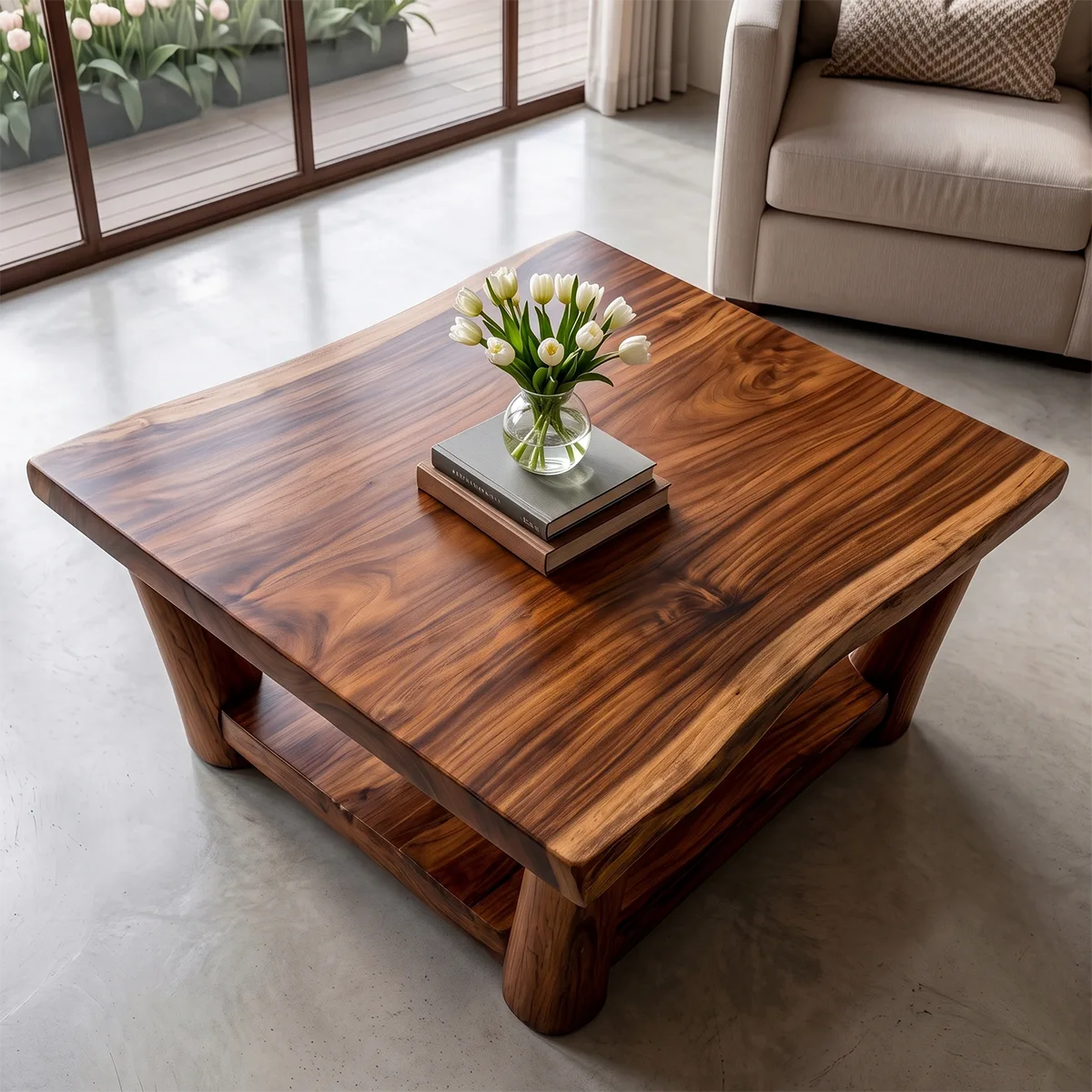 Solid Wood Square Coffee Table | Modern Rustic Coffee Table with Storage Shelf TT006-4921