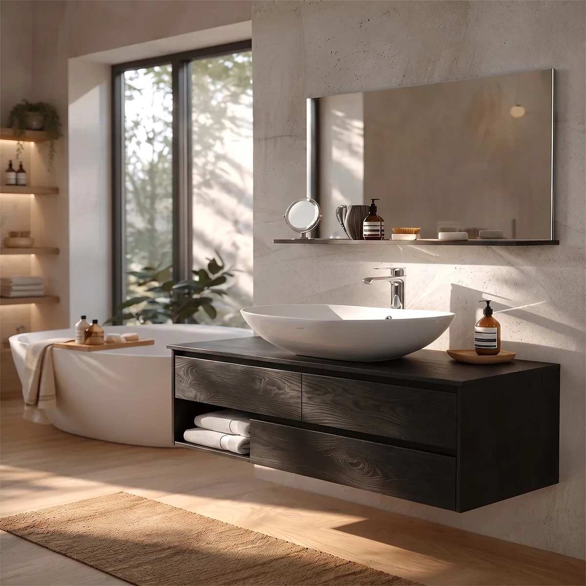 Modern Floating Bathroom Vanity with 3 Drawers & Open Storage Shelf