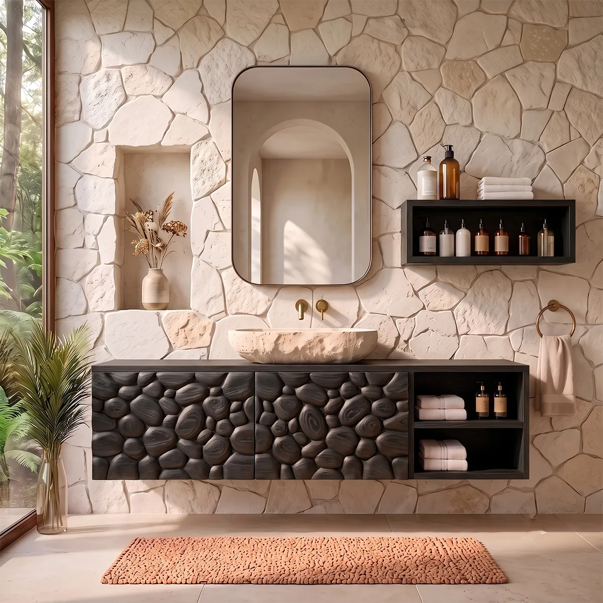 Floating Bathroom Vanity with Pebble Carved Doors & Open Side Shelves TH003-6VHK3DD